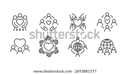 A set of vector icons representing inclusive culture, unity, and belonging in diverse communities, created in line style with editable stroke