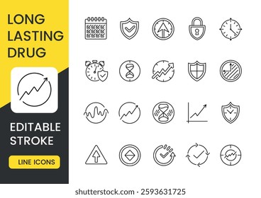 A set of vector icons representing long-lasting drugs, including symbols of duration and effectiveness, time indicators and growth charts, shields and safety locks, with an editable stroke