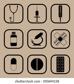 Set of vector icons representing medical equipment and medications