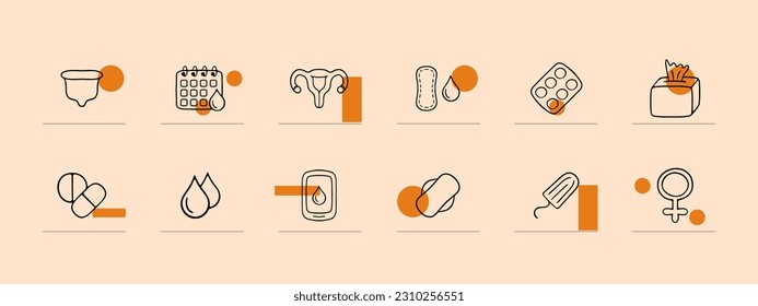 Un conjunto de iconos vectoriales que representan el ciclo menstrual, con varios símbolos e ilustraciones relacionadas con la menstruación. Fondo de color Pastel. Icono de línea de vector