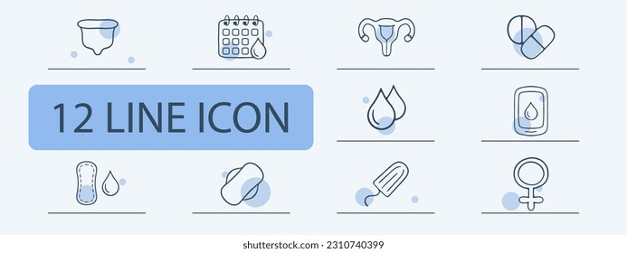 Set of vector icons representing menstrual cycle. Period, menstruation, feminine hygiene, sanitary pad, tampon. Pastel color background. Vector 12 line icon