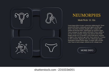 Set of vector icons representing menstruation. Period, menstrual cycle, menstrual pad, tampon, menstrual cup, calendar. Neomorphism style. Vector line icon