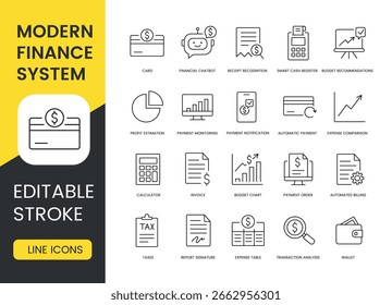 Um conjunto de ícones vetoriais que representam ferramentas financeiras modernas, fundamentos de contabilidade, orçamentação e sistemas de pagamento, criados em estilo de linha com traço editável