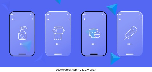 Set of vector icons representing personal hygiene products. Hygiene, cleanliness, personal care, soap. Glassmorphism style. Ui phone app