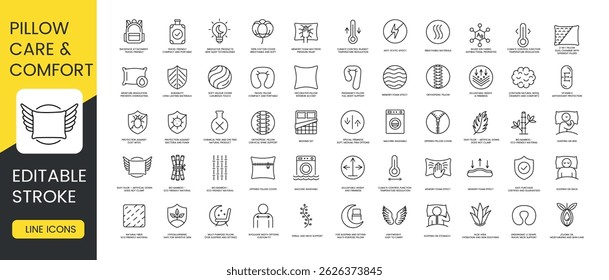 A set of vector icons representing pillow care, comfort features, sleep positions, and smart material technologies, created in line style with editable stroke.
