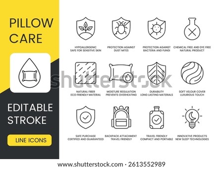 A set of vector icons representing pillow care features focused on hygiene, comfort, durability, and eco safety, created in line style with editable stroke