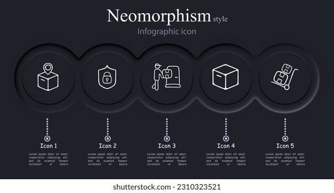 A set of vector icons representing product delivery, showcasing various symbols and illustrations related to the transportation and delivery of goods. Neomorphism style. Vector line icon