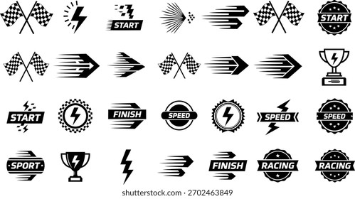 A set of vector icons representing racing themes, including checkered flags, speed arrows, start and finish lines, lightning bolts, and winner's trophies, ideal for sports and competition designs.