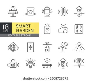 A set of vector icons representing smart garden equipment and automation systems for efficient environmental control, created in line style with editable stroke