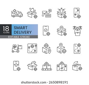 A set of vector icons representing smart delivery, AI logistics, and automated parcel tracking, created in line style with editable stroke