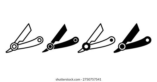 set of vector icons representing straight razors with black and white color variations 