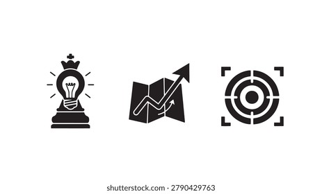 A set of vector icons representing teamwork, strategy, and planning for business and marketing concepts, featuring a lightbulb with a crown, a graph with an arrow, and a target.