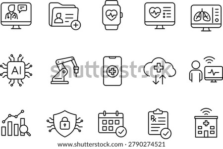 Set of vector icons representing tools and technologies in modern healthcare, created in line style on white background.