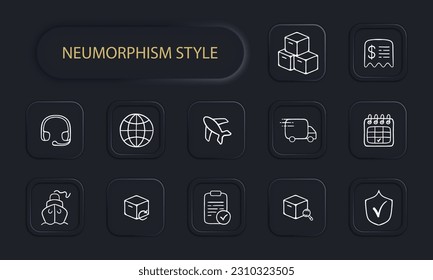 Eine Reihe von Vektorsymbols, die den Transport von Waren darstellen, mit verschiedenen Verkehrsträgern wie Lastkraftwagen. Neomorphismus-Stil. Vektorliniensymbol