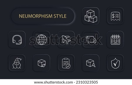 A set of vector icons representing the transportation of goods, featuring various modes of transport such as trucks. Neomorphism style. Vector line icon