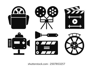 A set of vector icons representing various elements of film production, including cameras, film reels, and clapperboards.