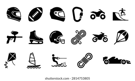 Set of vector icons representing various adrenaline-fueled activities and equipment for adventurous pursuits. Useful for website design and app development.