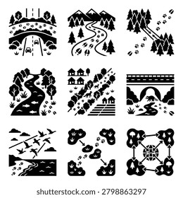 A set of vector icons representing wildlife corridors, animal migration paths, habitat connectivity, and ecological passages in various natural landscapes.