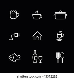 Set of vector icons for restaurant, bar, cafe, etc. White image (outline) on black background.