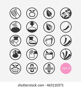 Set vector icons, restaurant, vegetarian, vegan, food, take-out, cook, best, apple, diet, spicy, recommended, new, round, set. Collection menu designation quality dishes, monochrome