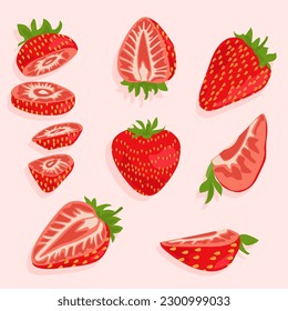 Conjunto de iconos vectoriales de fresas maduras. Berries enteros y cortados. Frutas de verano.