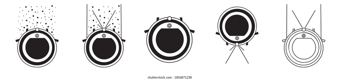 A set of vector icons for the robot vacuum cleaner. Five elements in different styles. A simple illustration from the Smart home collection. It can be used for the Internet, mobile devices, and so on.