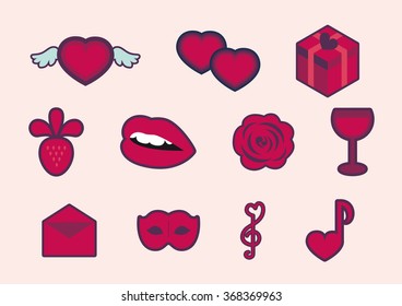 Set vector icons. Set of romantic icons. Illustration for valentines day, couples, Lovers and joy. Hot set of icons. Set of red icons. Red graphical icons. Set of love icons. Icon set. Valentine icons
