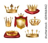 Set of vector icons of royal golden crowns and coat of arms isolated on white. Collection of crown awards for winners of competitions, design elements for a label, certificate, diploma