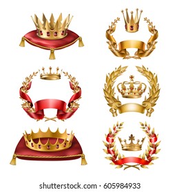 Set of vector icons of royal golden crowns and laurel wreaths isolated on white. Collection of crown awards for winners of competitions, design elements for a label, certificate, diploma