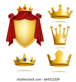 Set of vector icons of royal golden crowns and coat of arms isolated on white