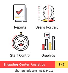 Set of vector icons for rstat industry. Range of signs for shopping centers business. Management staff. 