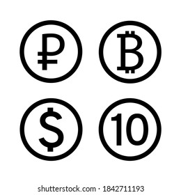 Set of vector icons, ruble, bitcoin, dollar, ten. Black outline isolated on white background, eps 10.