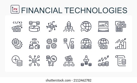 Un conjunto de íconos vectores del gobernante, el dinero y las finanzas. Tecnologías financieras y negocios. Aislado sobre un fondo transparente.