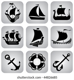 set of vector icons. Sailing ships and naval symbols