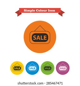 Set of vector icons with Sale door sign, with text on red ribbon