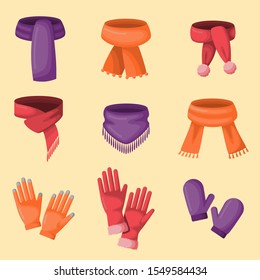 Set of vector icons of scarves, gloves and mittens. Winter accessories on isolated background. Raspberry, purple, orange scarfs, mittens gloves