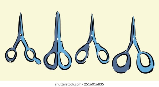 Set of vector icons with scissors. Scissors for hairdressers, barbershop, beauty salon, tailors, creative studios. two-color icon in blue tones on yellow background with hand-drawn careless outline