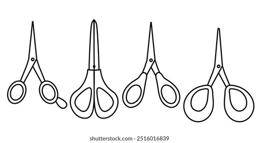 Set of vector icons with scissors. Scissors for hairdressers, barbershop, beauty salon, tailors, creative studios. icon with thin black linear outline.