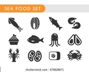 Set vector icons. Seafood: fish, shrimp, oysters, squid, octopus, crab, caviar, salmon, dorado.