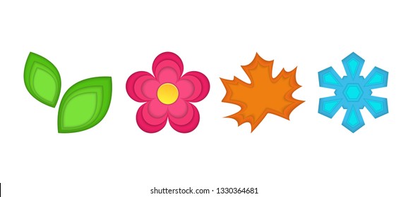 set of vector icons for seasons: spring, summer, autumn and winter with paper cut effect