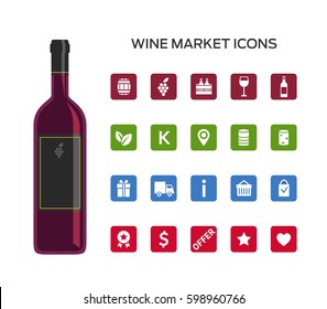 Set of vector icons for selling wine online. Icons of bottles and glasses, region and type of cork, shopping card and offer. For wine market websites, e-commerce.