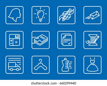 set of vector icons. service, tailoring, sale. white on blue