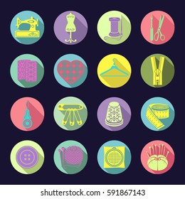 Set of vector icons sewing tools. Colorful bright sewing supplies in a round multi-colored frame with the beveled shadow on a dark blue background
