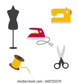 Set of vector icons of sewing tools. Thread, scissors, iron, sewing machine, mannequin. Sewing materials, isolated on a white background. Vector images in cartoon style