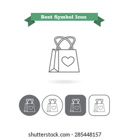 Set of vector icons with shopping bag with heart picture, with text on green ribbon
