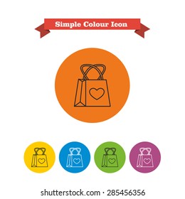 Set of vector icons with shopping bag with heart picture, with text on red ribbon