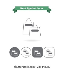 Set of vector icons with shopping bags, with text on green ribbon