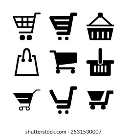 Set of vector icons of shopping cart and shopping cart. Trolley and grocery basket