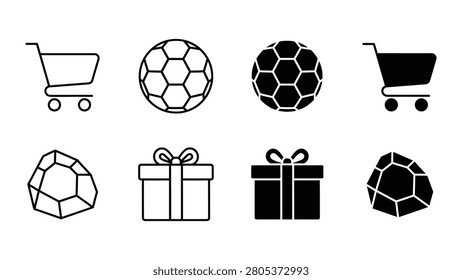 Set of vector icons: shopping cart soccer ball gift box rock rock money