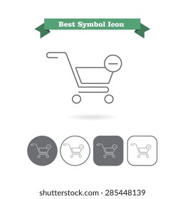 Set of vector icons with shopping cart depicting remove from cart icon, with text on green ribbon